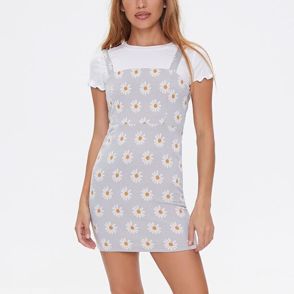 Forever 21 Blue Daisy Print Overall Dress (Size Small)